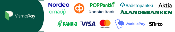 Maksutavat: Nordea, OmaSp, OP, POP Pankki, Danske Bank, Säästöpankki, Aktia, Ålandsbanken, S-Pankki, Visa, Mastercard, MobilePay ja Siirto